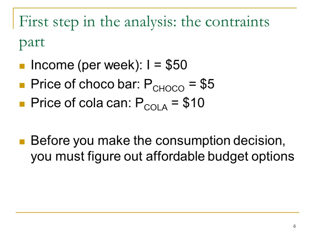 6 First step in the analysis: the contraints part Income (per week): I =